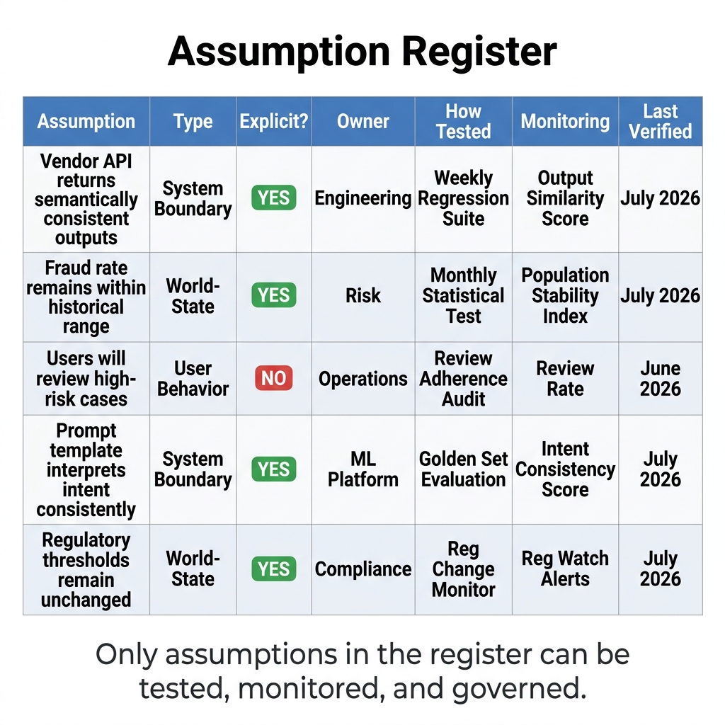 Figure 6 — Population of an Assumption Register: Only assumptions cataloged, owned, and assigned tests can be monitored and governed.