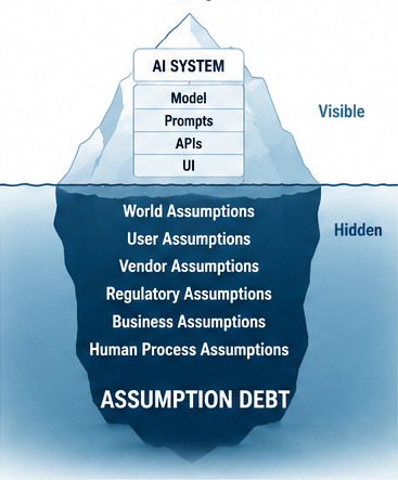 Figure 1 — The Iceberg of AI Assumption Debt: While code, models, and prompts are visible, the system relies on a hidden layer of world, user, and boundary assumptions.