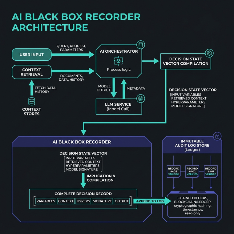 AI Black Box Recorder Architecture: Capturing user inputs, context retrieval, model call settings, and writing the compiled Decision State Vector to an immutable audit ledger