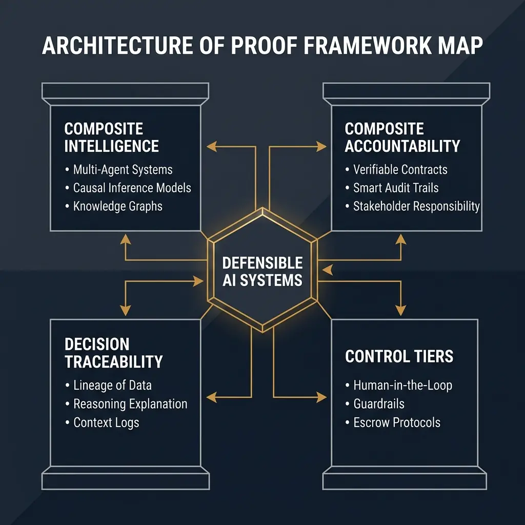 Architecture of Proof Hub: A diagram showing the four core pillars — Composite Intelligence, Composite Accountability, Control Tiers, and Decision Traceability — arranged around the central proof framework
